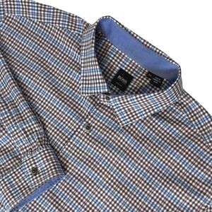HUGO BOSS Slim Fit Mens 2XL Button Down Shirt Plaid Long Sleeve Blue Brown